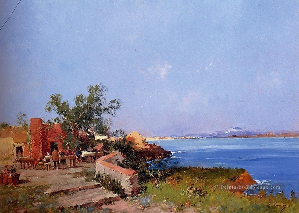 Déjeuner sur une terrasse avec vue sur la baie de Naples impressionnisme Eugène Galien Laloue Paysage Peintures à l'huile